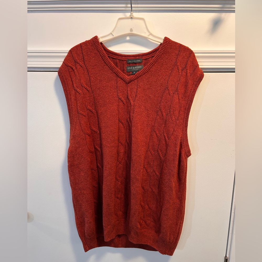 Lyle & Scott Sweater Vest Burnt Orange V-Neck Combed Cotton Preppy Golf Men's XL